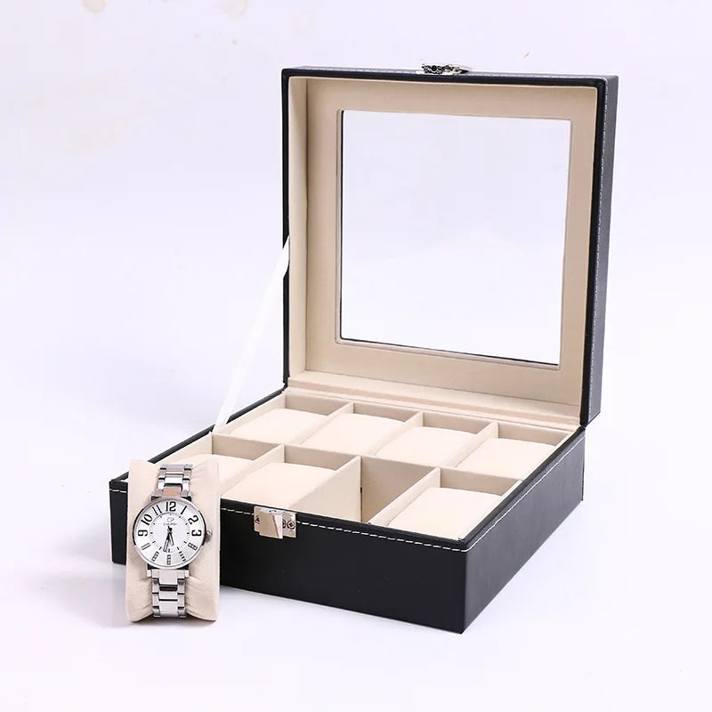 PU Leather Watch Organizer Box - Travel Display Case with Glass Lid