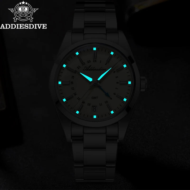 ADDIESDIVE AD2065 Men's GMT Quartz Watch | Stainless Steel 100M Waterproof | Blue Luminous Bubble Glass