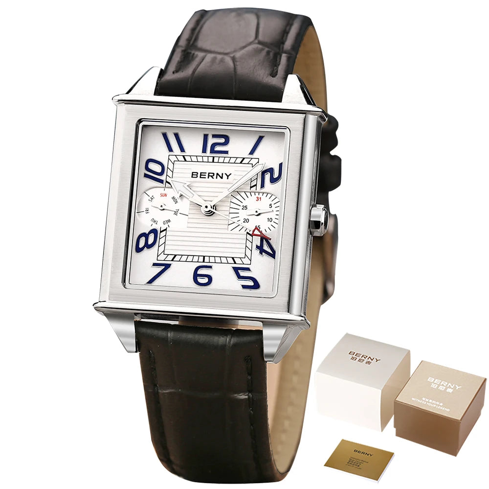 BERNY 6P25 Quartz Watch for Men Golden Tank Square Wristwatch Vintage Day Date Leather 3ATM Waterproof Luxury Watch Male