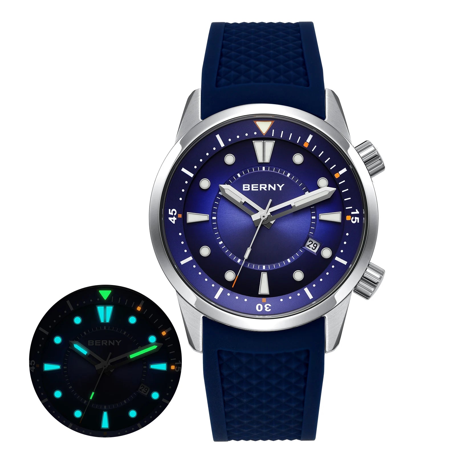 BERNY Automatic Diver Watch - Miyota 8215 200M Sapphire Crystal AR Coated Silicone Strap Internal Rotating Bezel