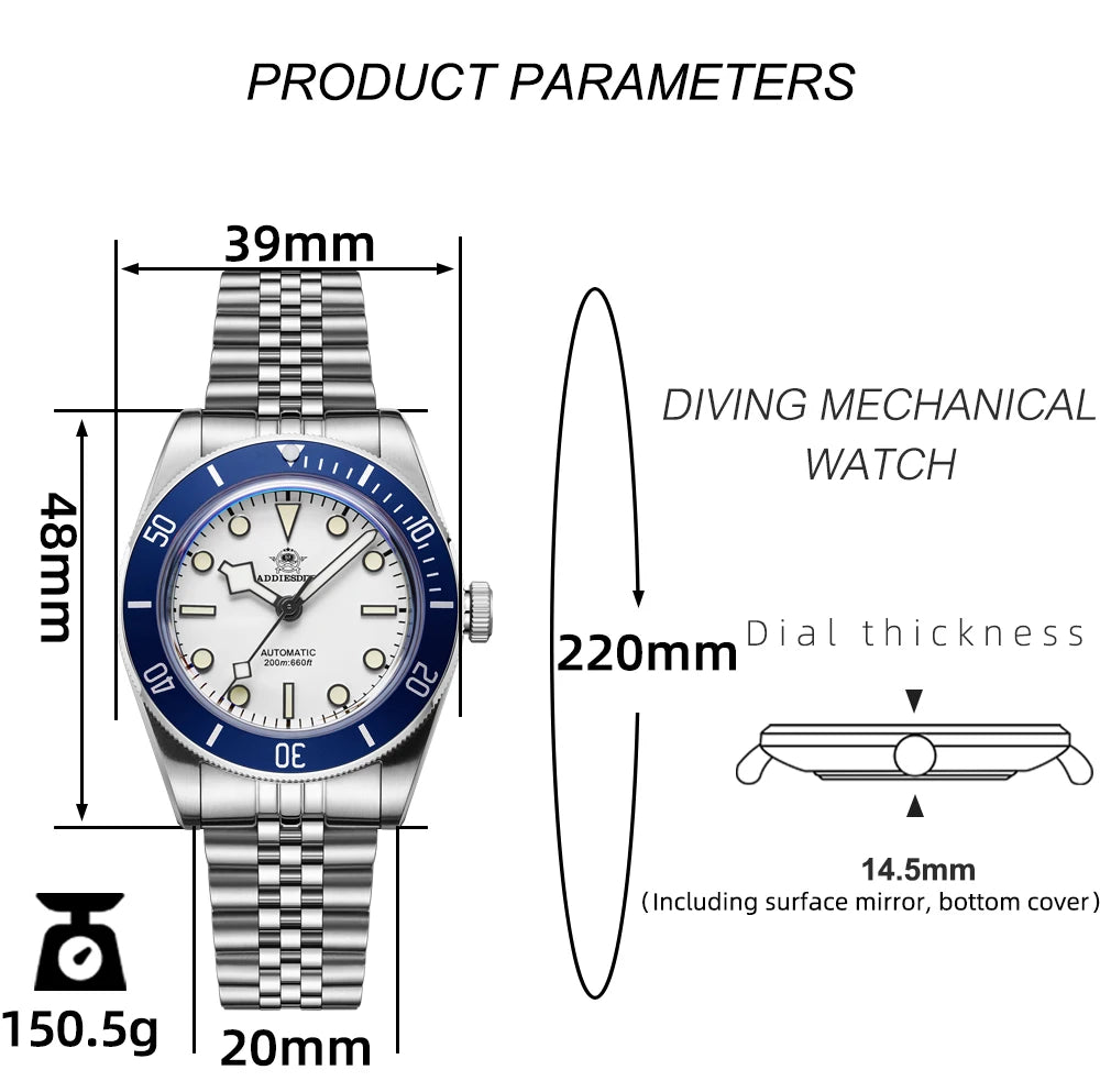 ADDIESDIVE 39mm Automatic Dive Watch - NH35 Movement 200M Sapphire BGW9 Lume