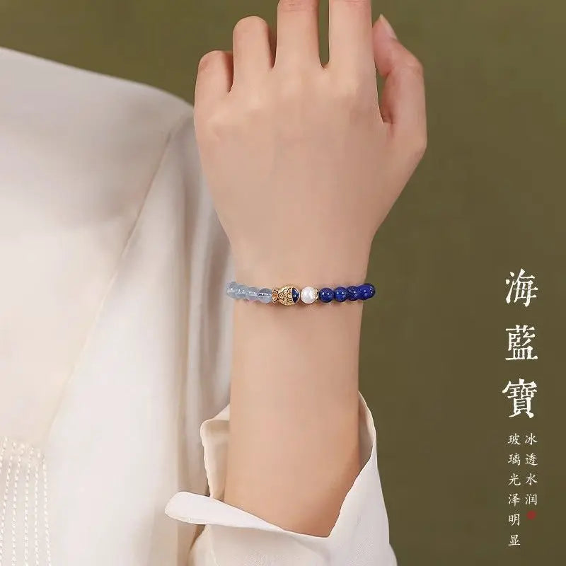 Aquamarine Bracelet - Lapis Lustre Hand Strung Beads 6mm