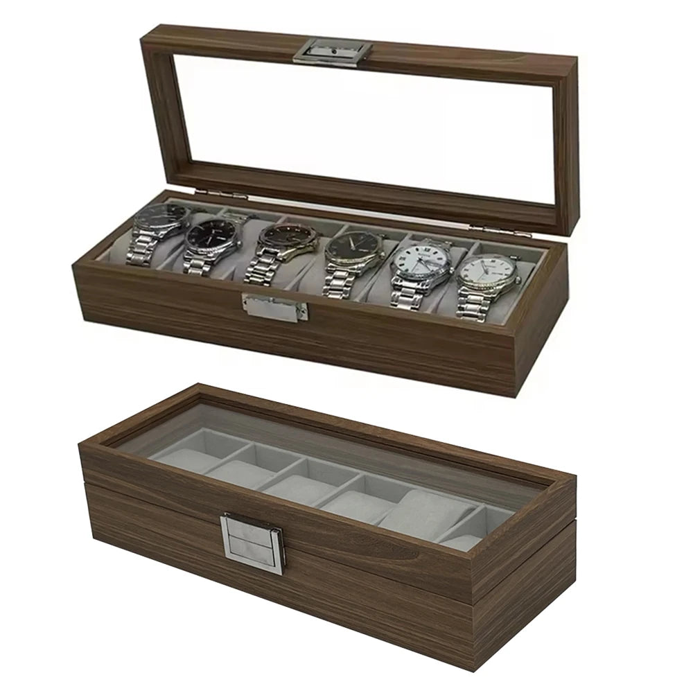 Premium Black Walnut Wood Watch Display Box - 6 Slot Storage Case