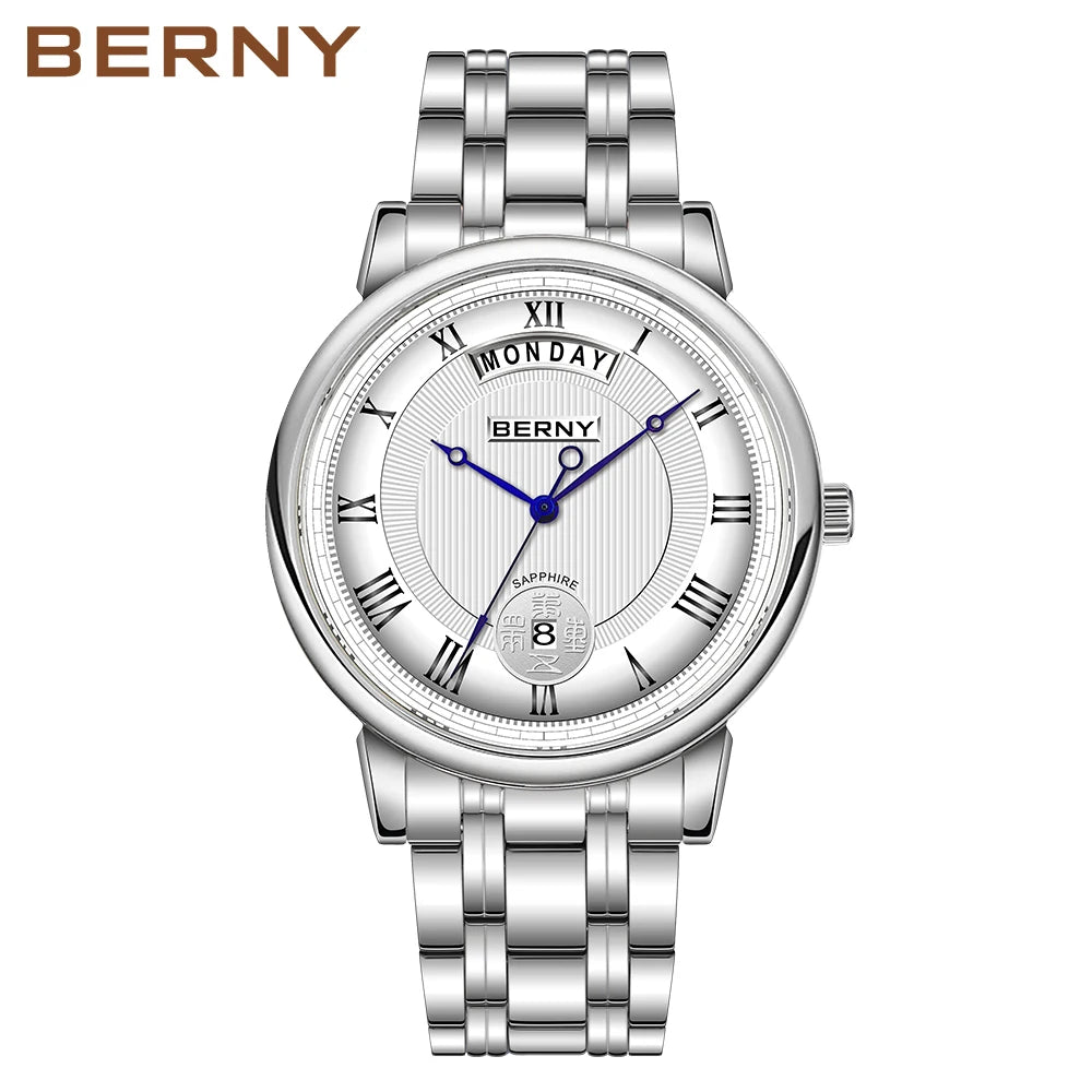 BERNY Men Quartz Dress Watch Miyota VJ55T Day Date Stainless Steel Wristwatch Sapphire Crystal