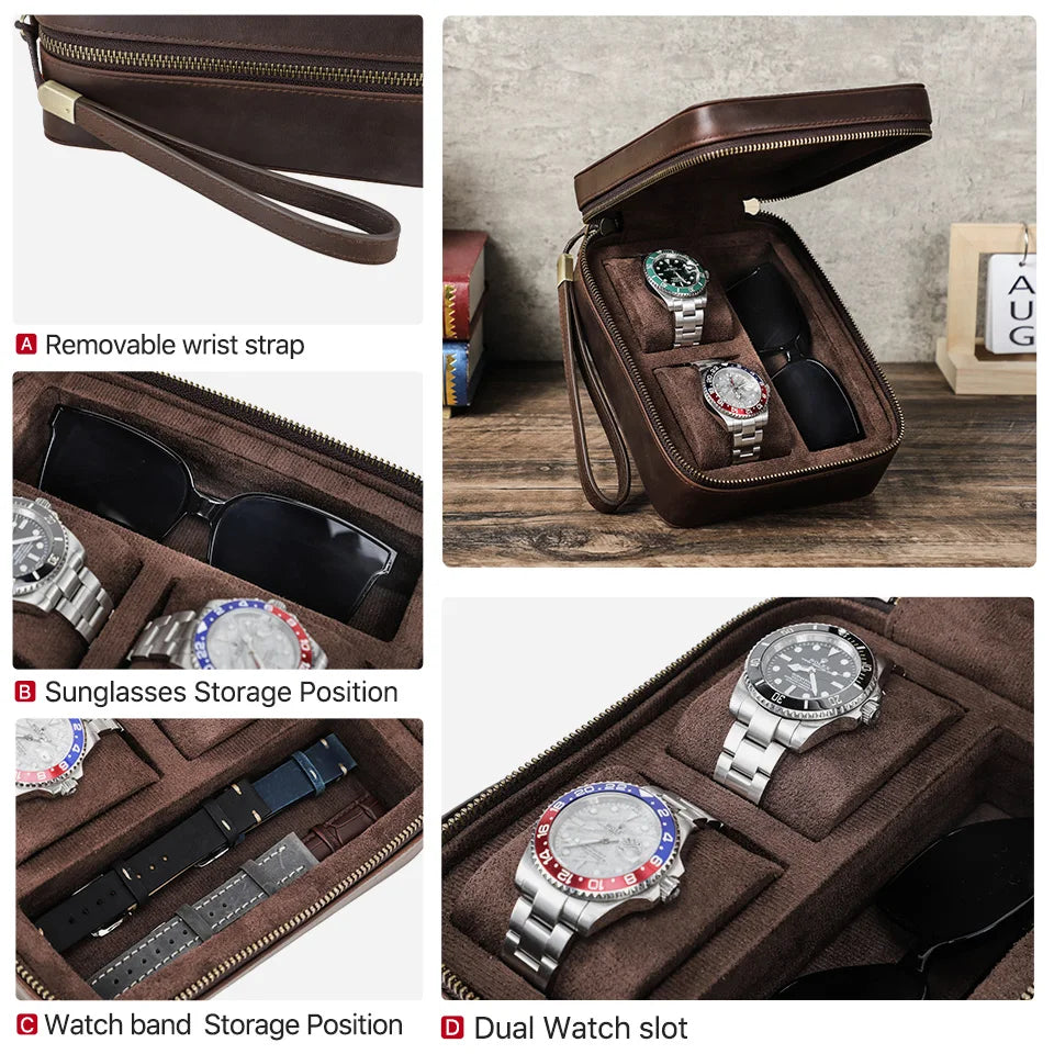 Genuine Leather Watch Travel Case - Watch and Sunglasses Storage Box with Soft Lining