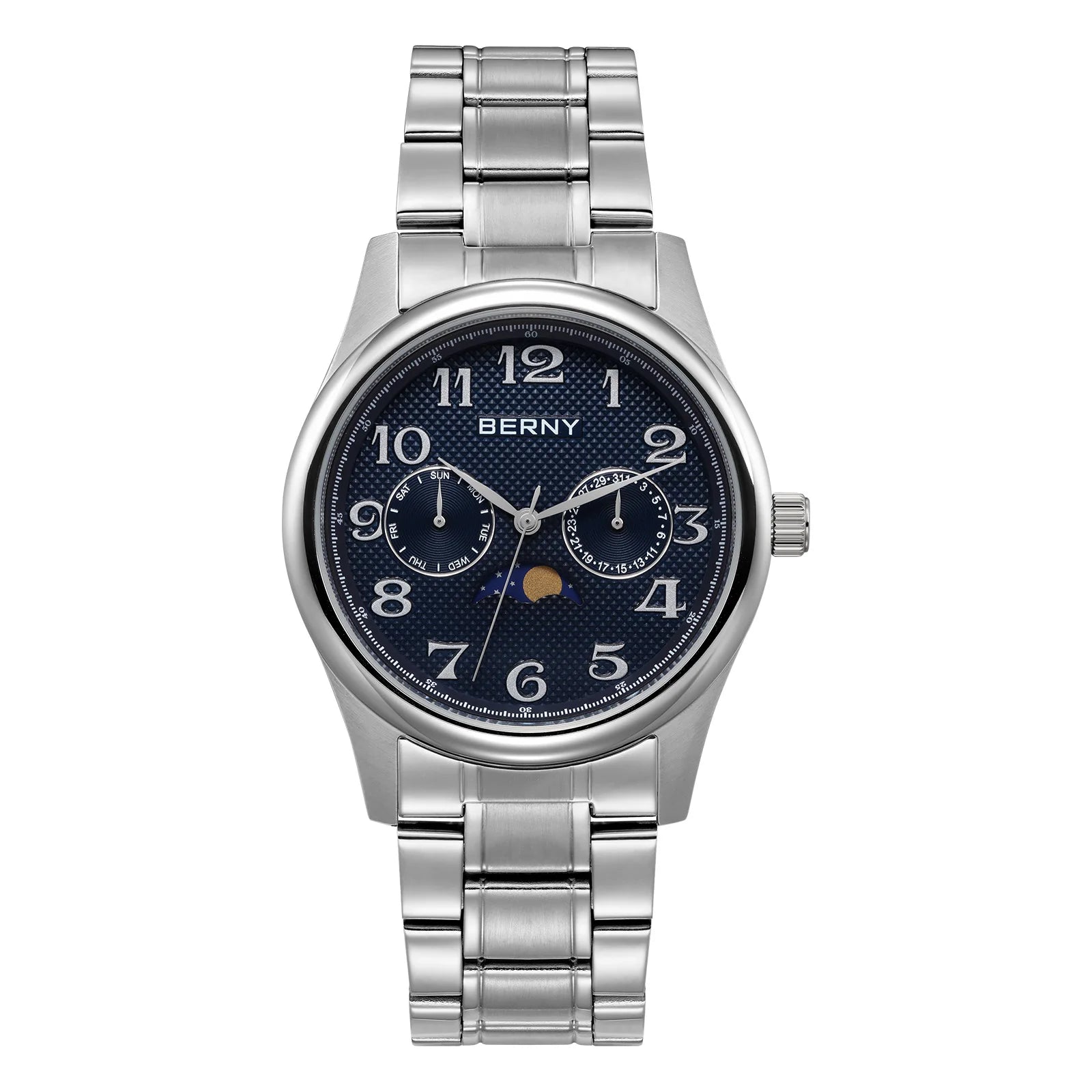 BERNY Men's Moon Phase Quartz Day Date Calendar Easy Read Vintage Style