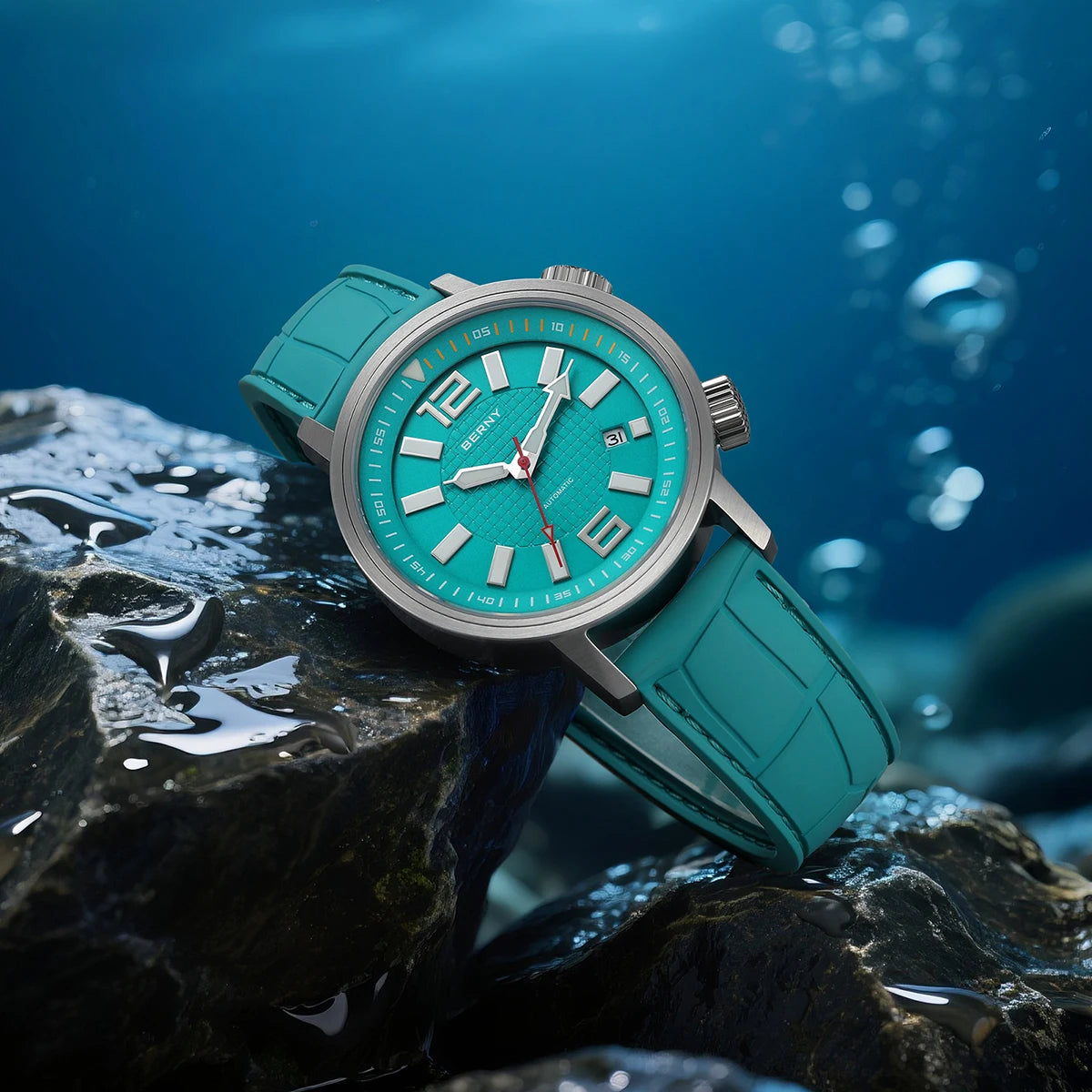 BERNY Automatic Diver Fluororubber Strap 20ATM Super Luminous Sapphire Compressor Miyota 8215 Diving Sports Wristwatch