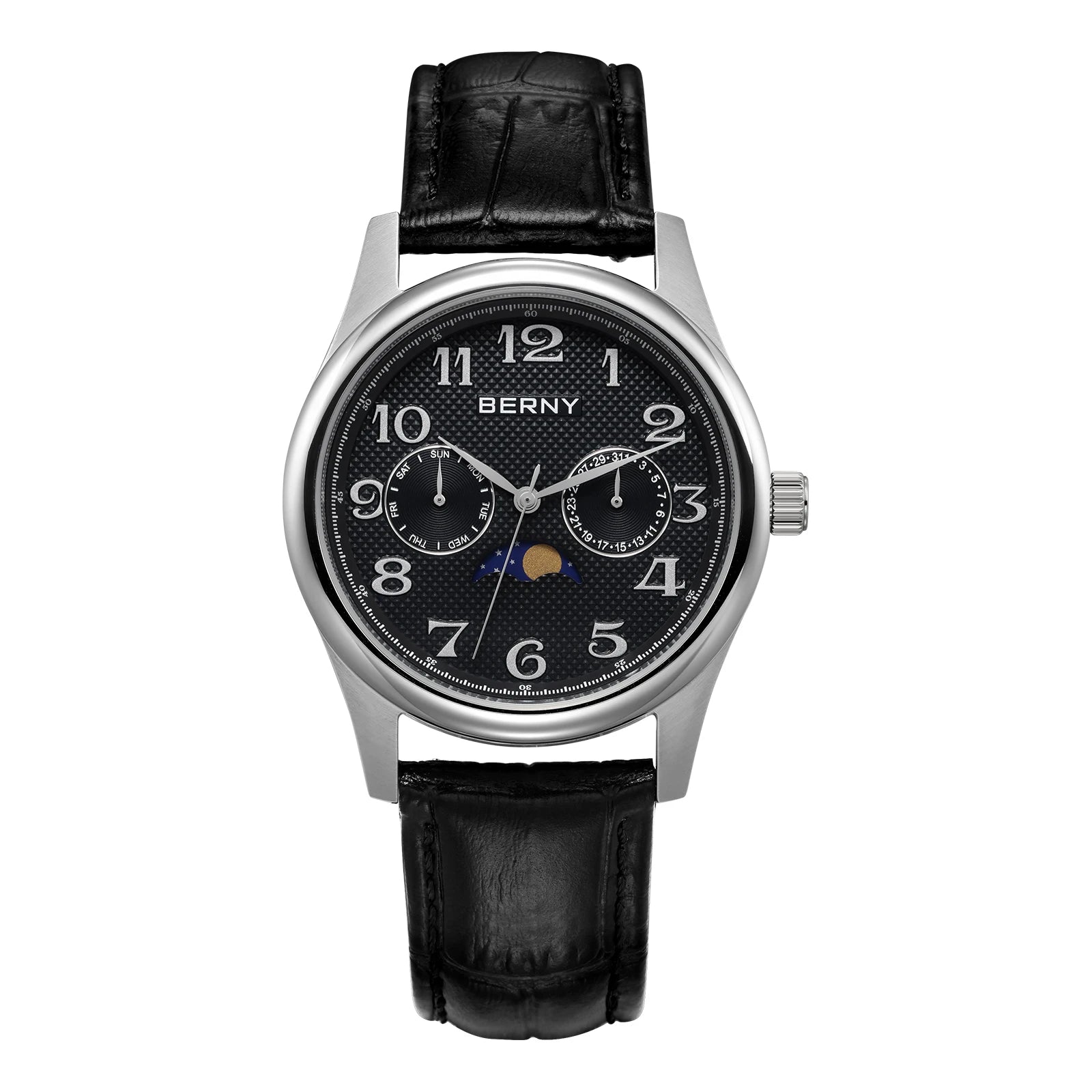 BERNY Men's Moon Phase Quartz Day Date Calendar Easy Read Vintage Style
