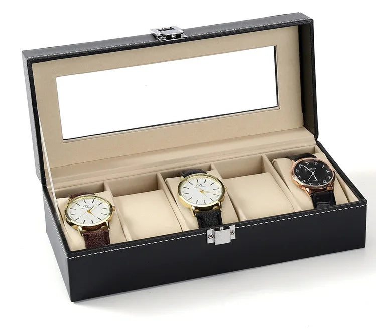 PU Leather Watch Organizer Box - Travel Display Case with Glass Lid