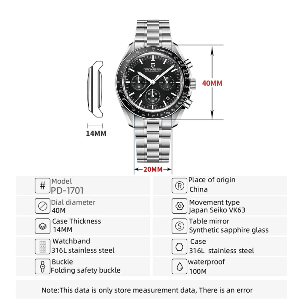 PAGANI DESIGN PD1701 Speedmaster Style Men's Quartz Chronograph VK63 AR Sapphire 18 Variants