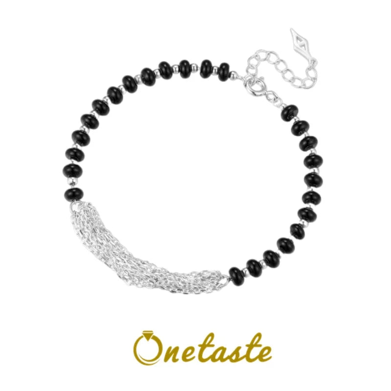 925 Sterling Silver Multi-Layer Onyx Black Agate Beaded Bracelet