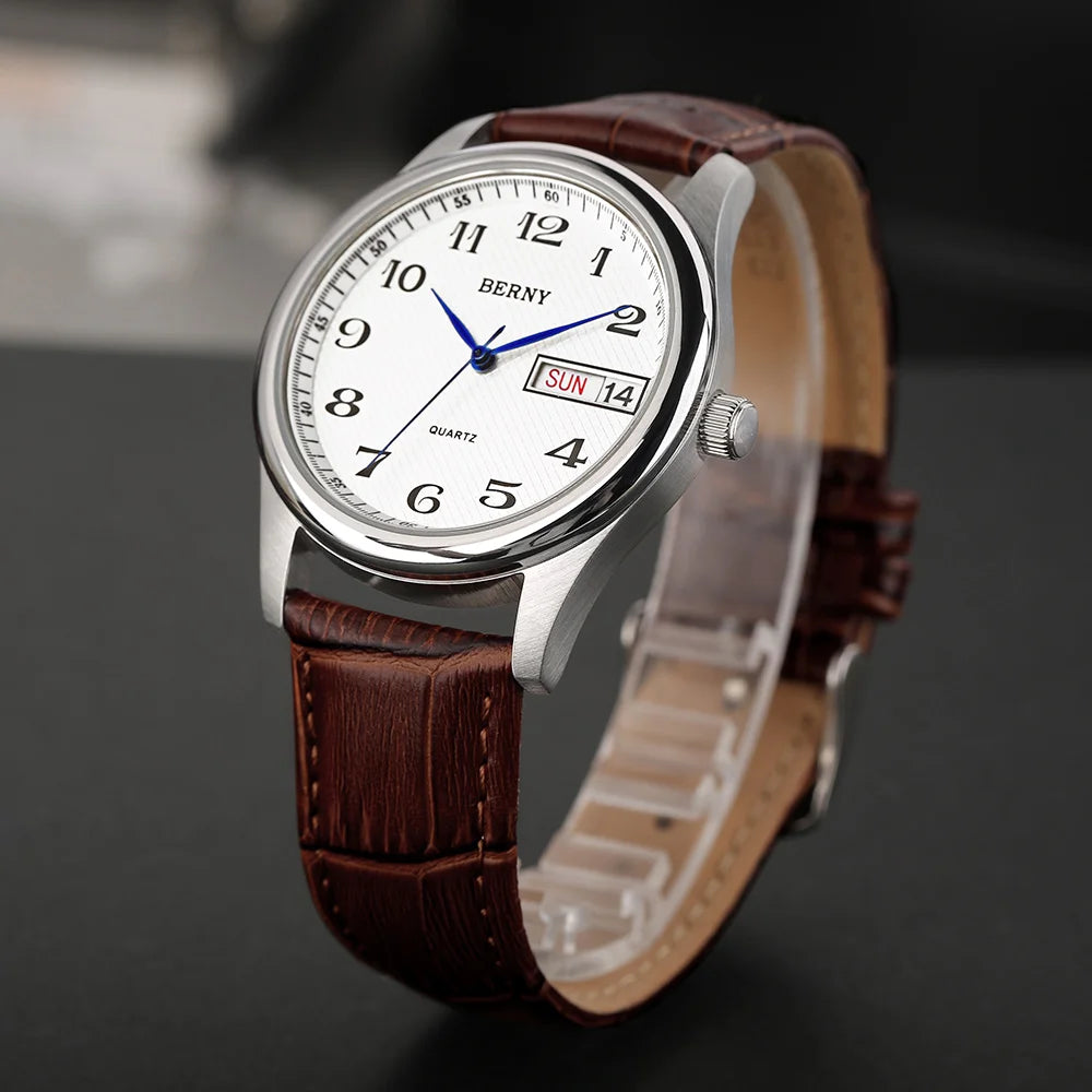 BERNY Men's Quartz Day Date Calendar Wristwatch Waterproof Blued Steel Hands Arabic Numerals