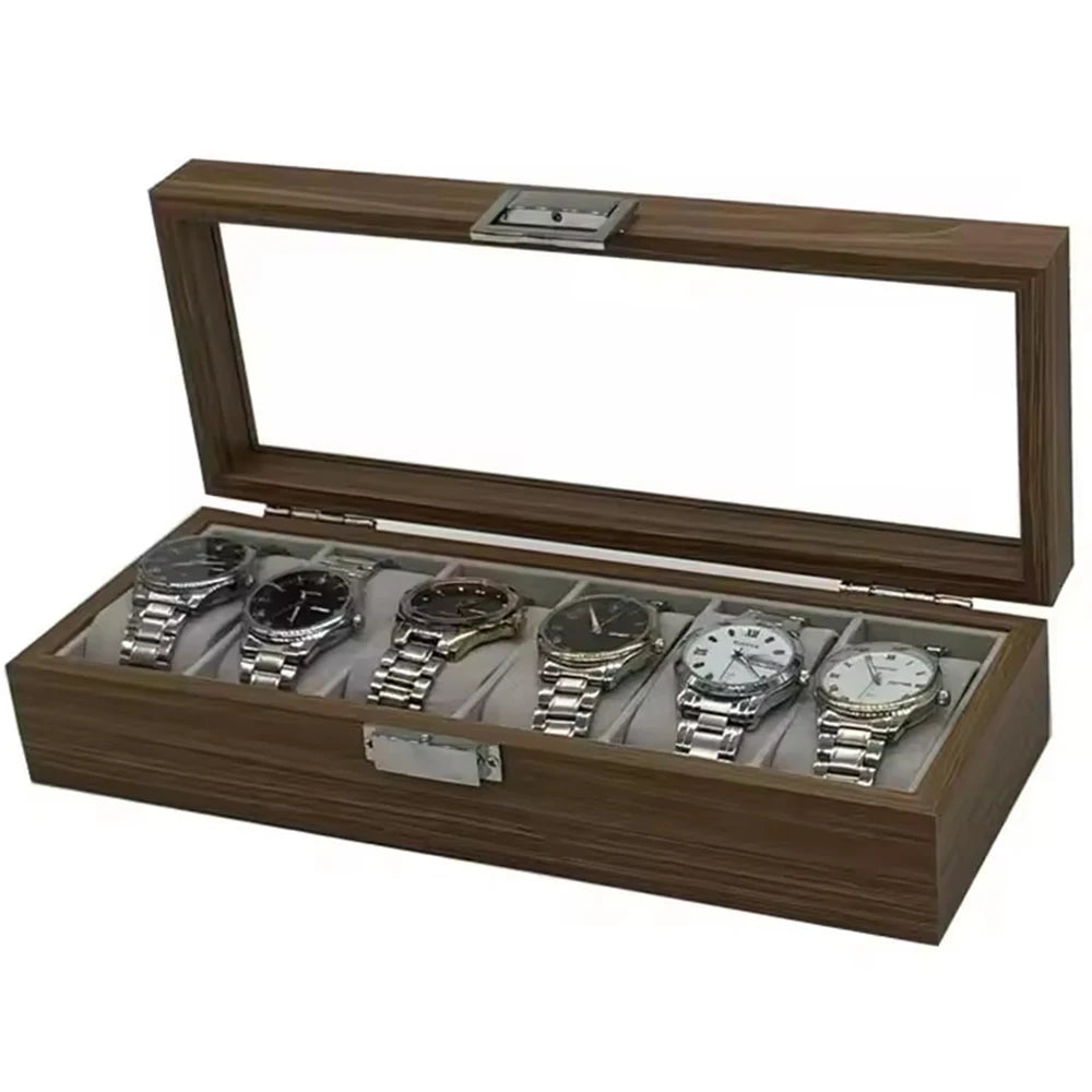 Premium Black Walnut Wood Watch Display Box - 6 Slot Storage Case