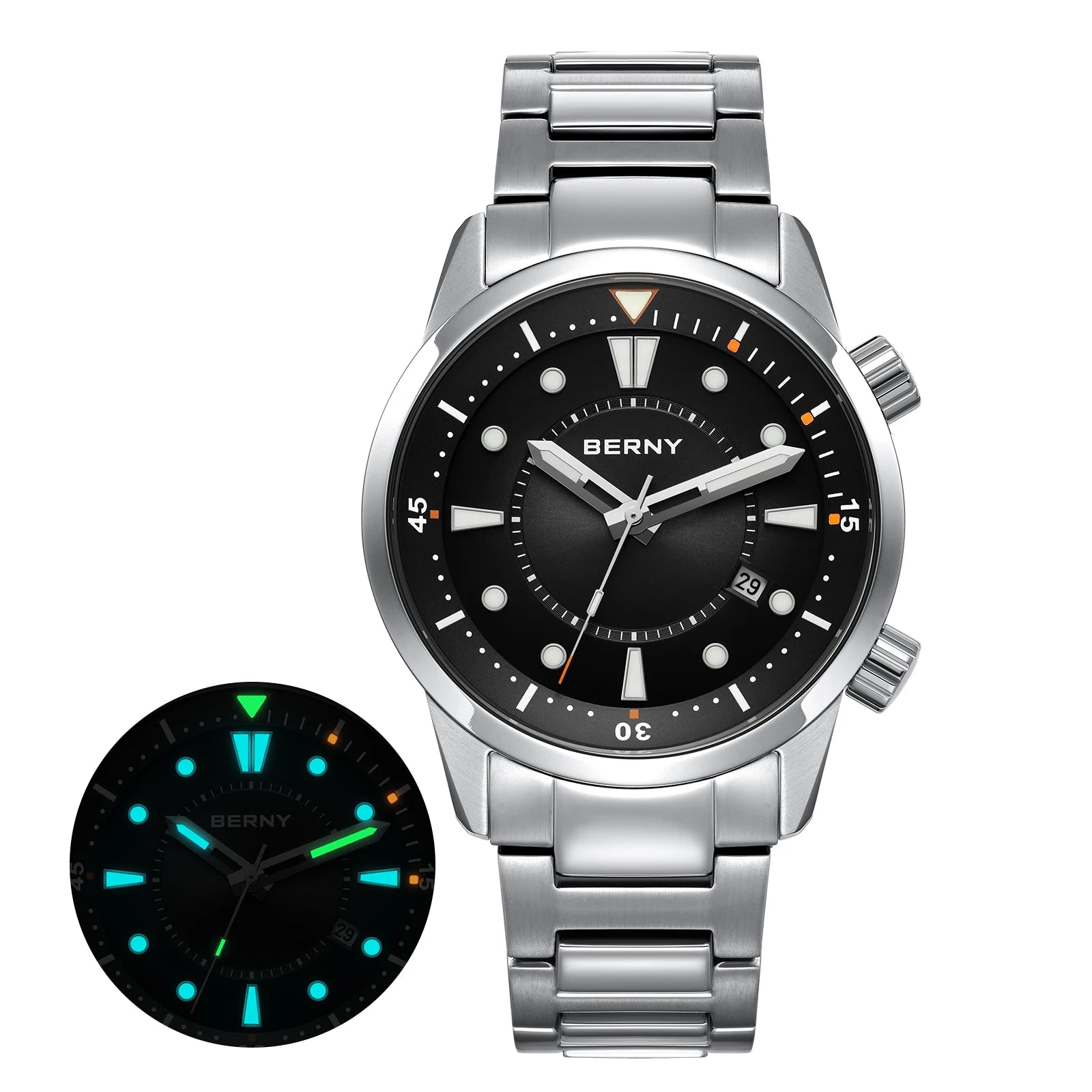 BERNY Automatic Diver Watch - Miyota 8215 200M Sapphire Crystal AR Coated Silicone Strap Internal Rotating Bezel