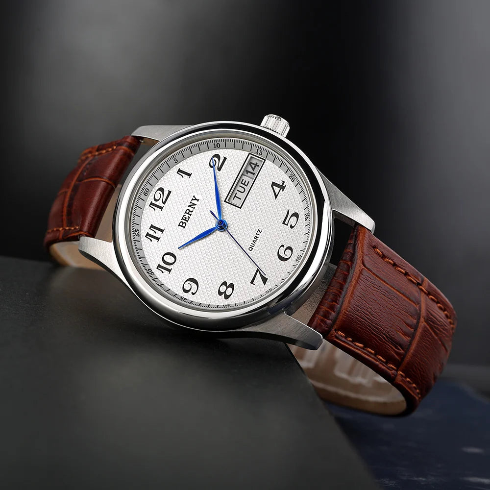 BERNY Men's Quartz Day Date Calendar Wristwatch Waterproof Blued Steel Hands Arabic Numerals