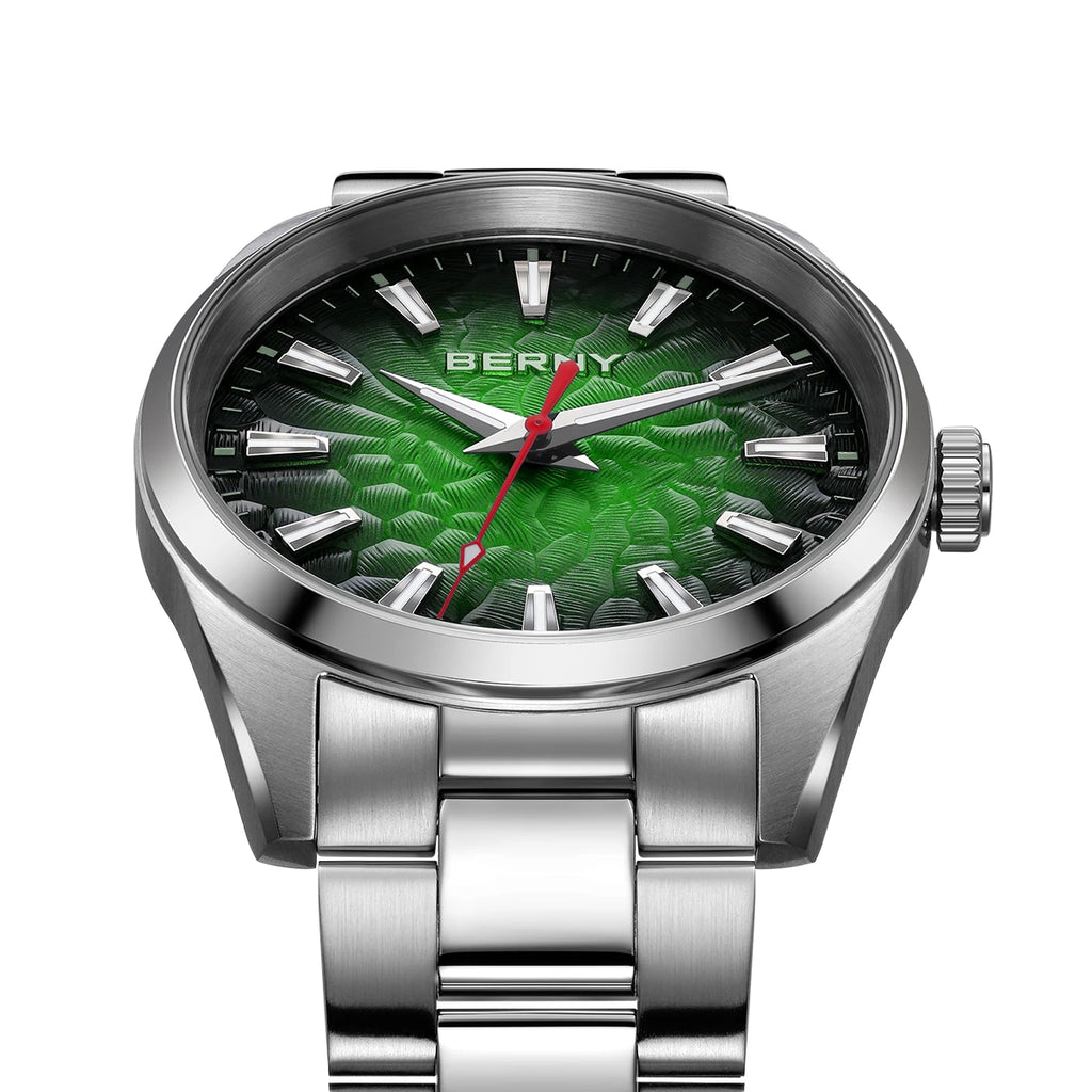 BERNY Men's Textured Dial Luminous Sapphire Crystal Precision Quartz 10ATM Full Stainless Steel Watch