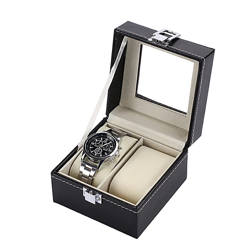 PU Leather Watch Organizer Box - Travel Display Case with Glass Lid