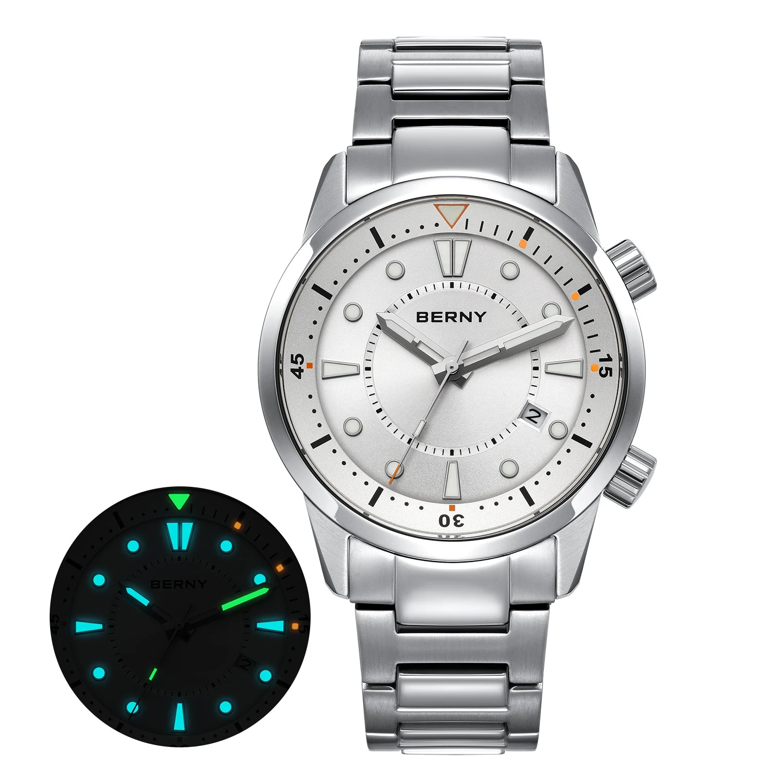 BERNY Automatic Diver Watch - Miyota 8215 200M Sapphire Crystal AR Coated Silicone Strap Internal Rotating Bezel