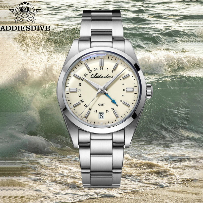 ADDIESDIVE AD2065 Men's GMT Quartz Watch | Stainless Steel 100M Waterproof | Blue Luminous Bubble Glass