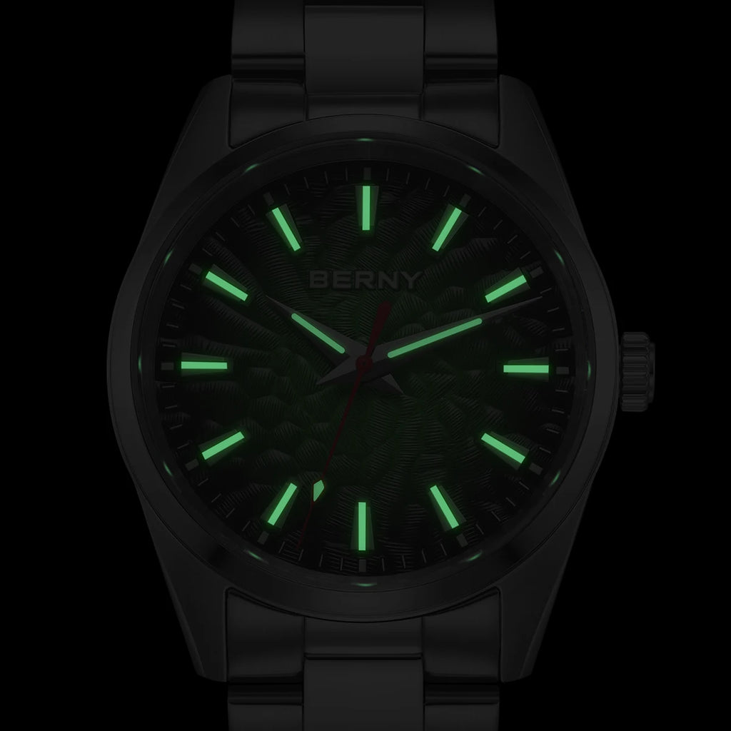BERNY Men's Textured Dial Luminous Sapphire Crystal Precision Quartz 10ATM Full Stainless Steel Watch