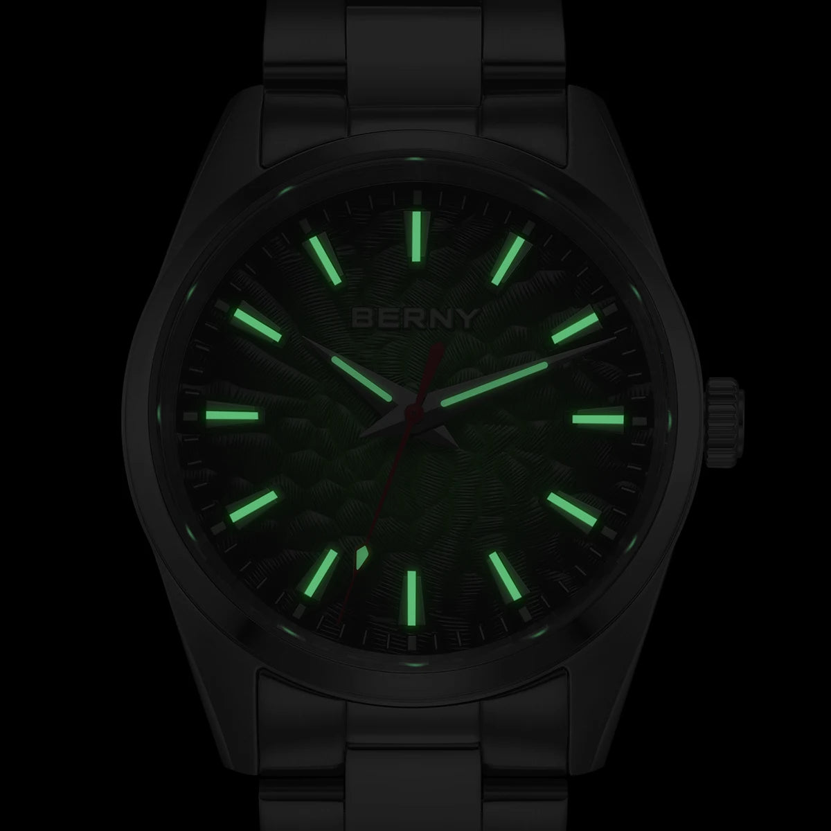 BERNY Men's Textured Dial Luminous Sapphire Crystal Precision Quartz 10ATM Full Stainless Steel Watch