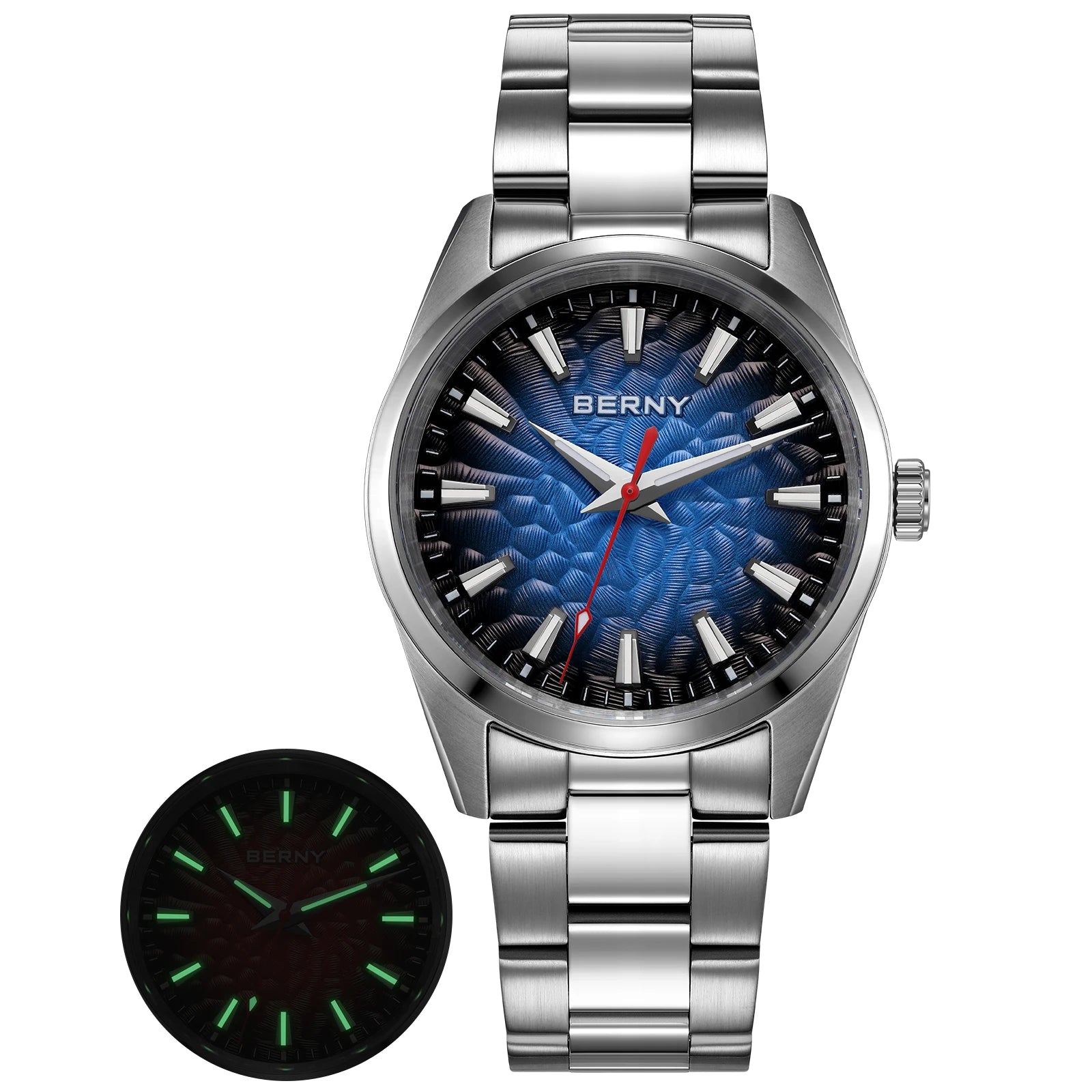 BERNY Men's Textured Dial Luminous Sapphire Crystal Precision Quartz 10ATM Full Stainless Steel Watch