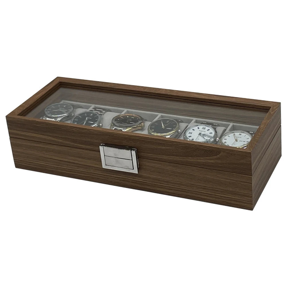 Premium Black Walnut Wood Watch Display Box - 6 Slot Storage Case