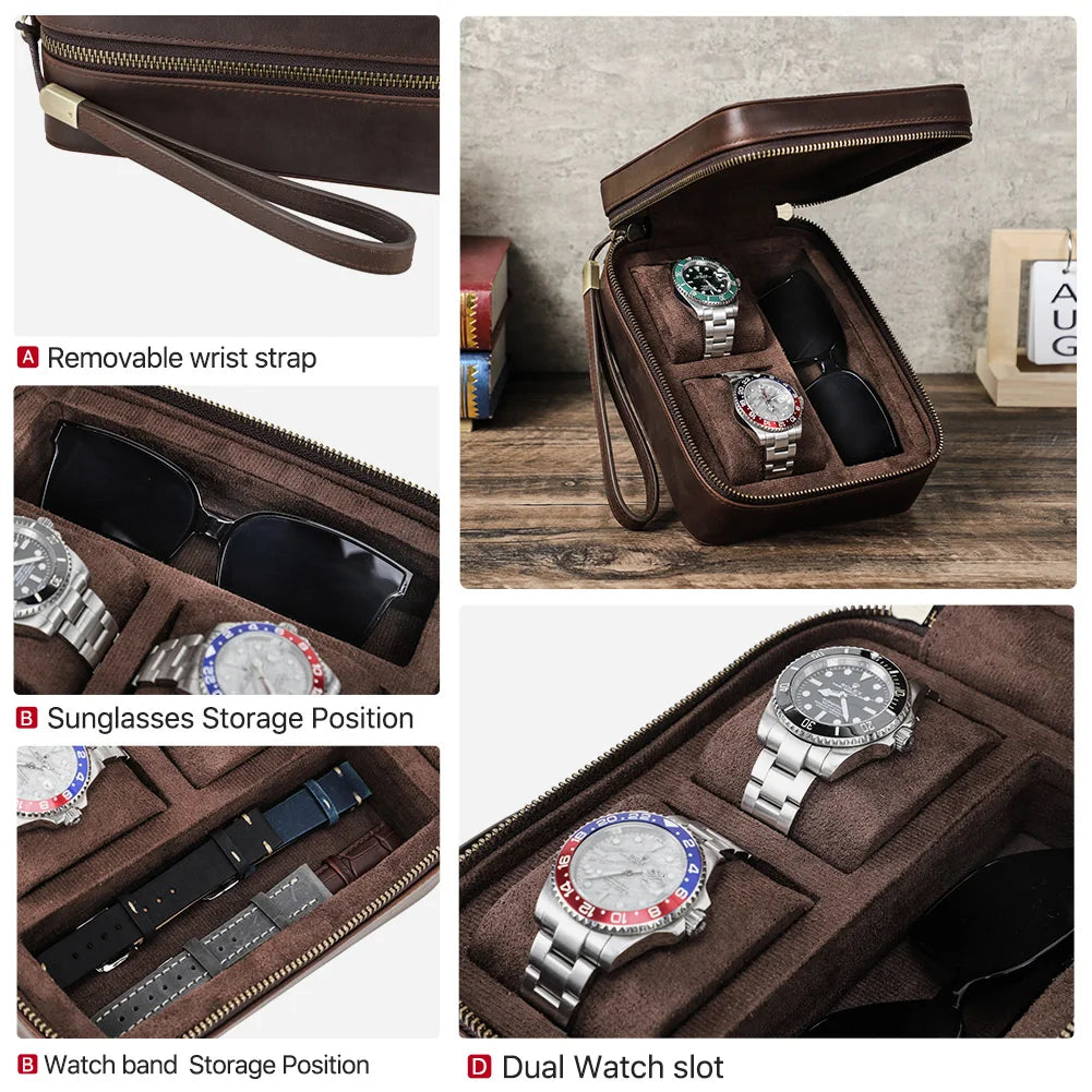 Genuine Leather Watch Travel Case - Watch and Sunglasses Storage Box with Soft Lining