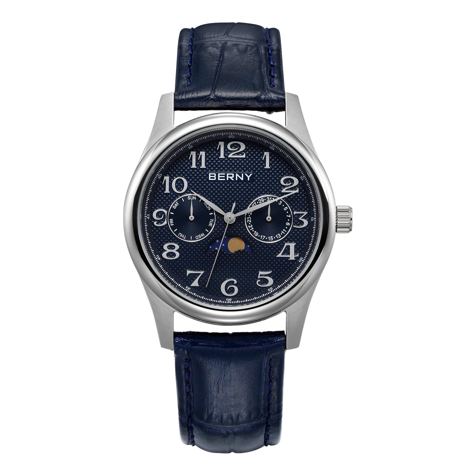 BERNY Men's Moon Phase Quartz Day Date Calendar Easy Read Vintage Style