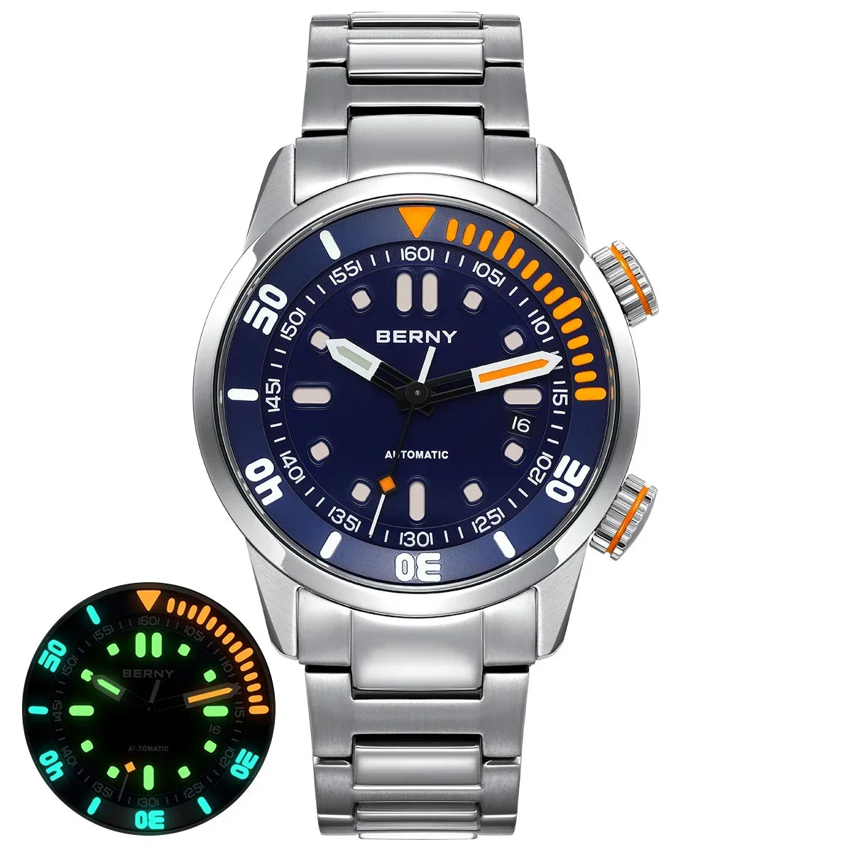 BERNY Automatic Dive Watch - Original Design 20ATM Super Luminous Sapphire Crystal Internal Rotating Bezel
