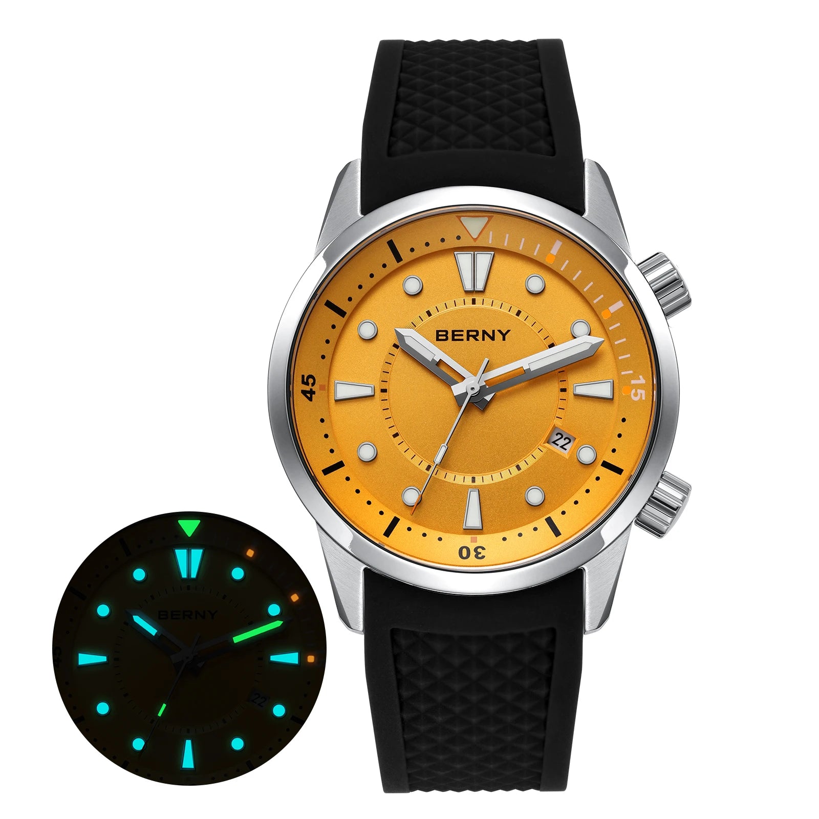 BERNY Automatic Diver Watch - Miyota 8215 200M Sapphire Crystal AR Coated Silicone Strap Internal Rotating Bezel