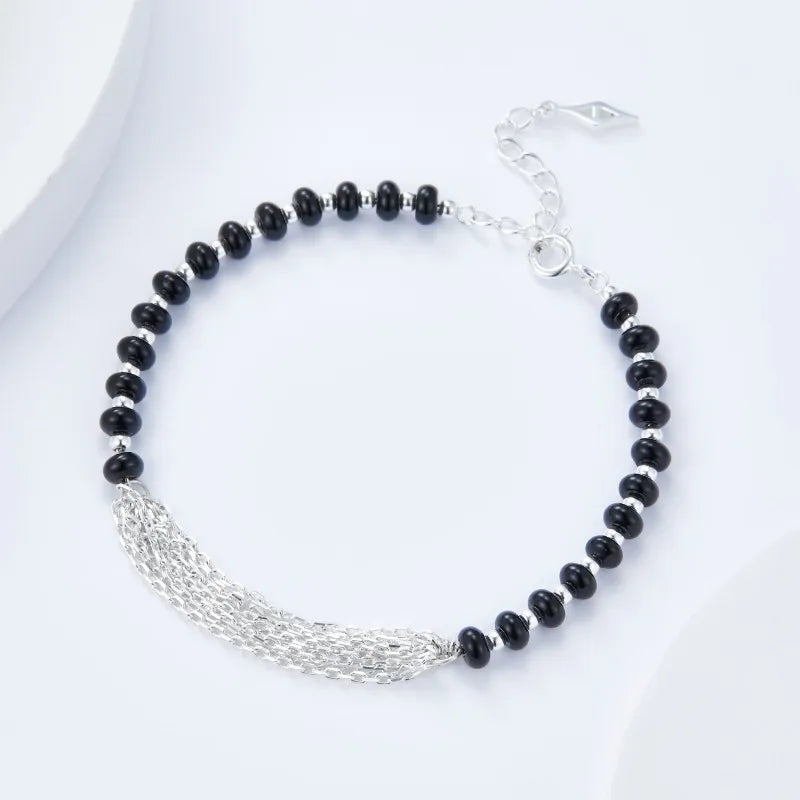 925 Sterling Silver Multi-Layer Onyx Black Agate Beaded Bracelet