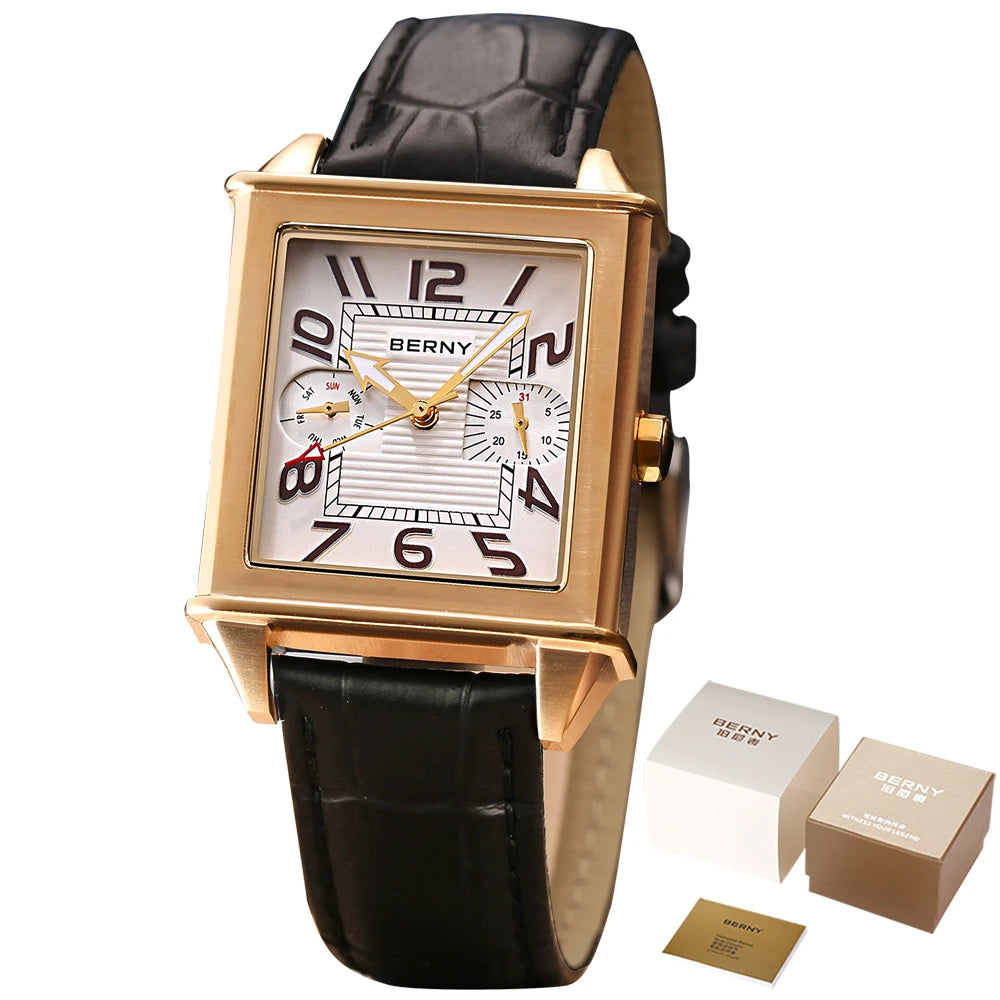 BERNY 6P25 Quartz Watch for Men Golden Tank Square Wristwatch Vintage Day Date Leather 3ATM Waterproof Luxury Watch Male