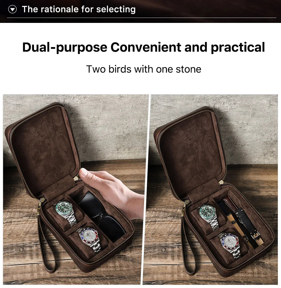 Genuine Leather Watch Travel Case - Watch and Sunglasses Storage Box with Soft Lining