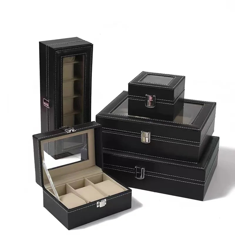 PU Leather Watch Organizer Box - Travel Display Case with Glass Lid
