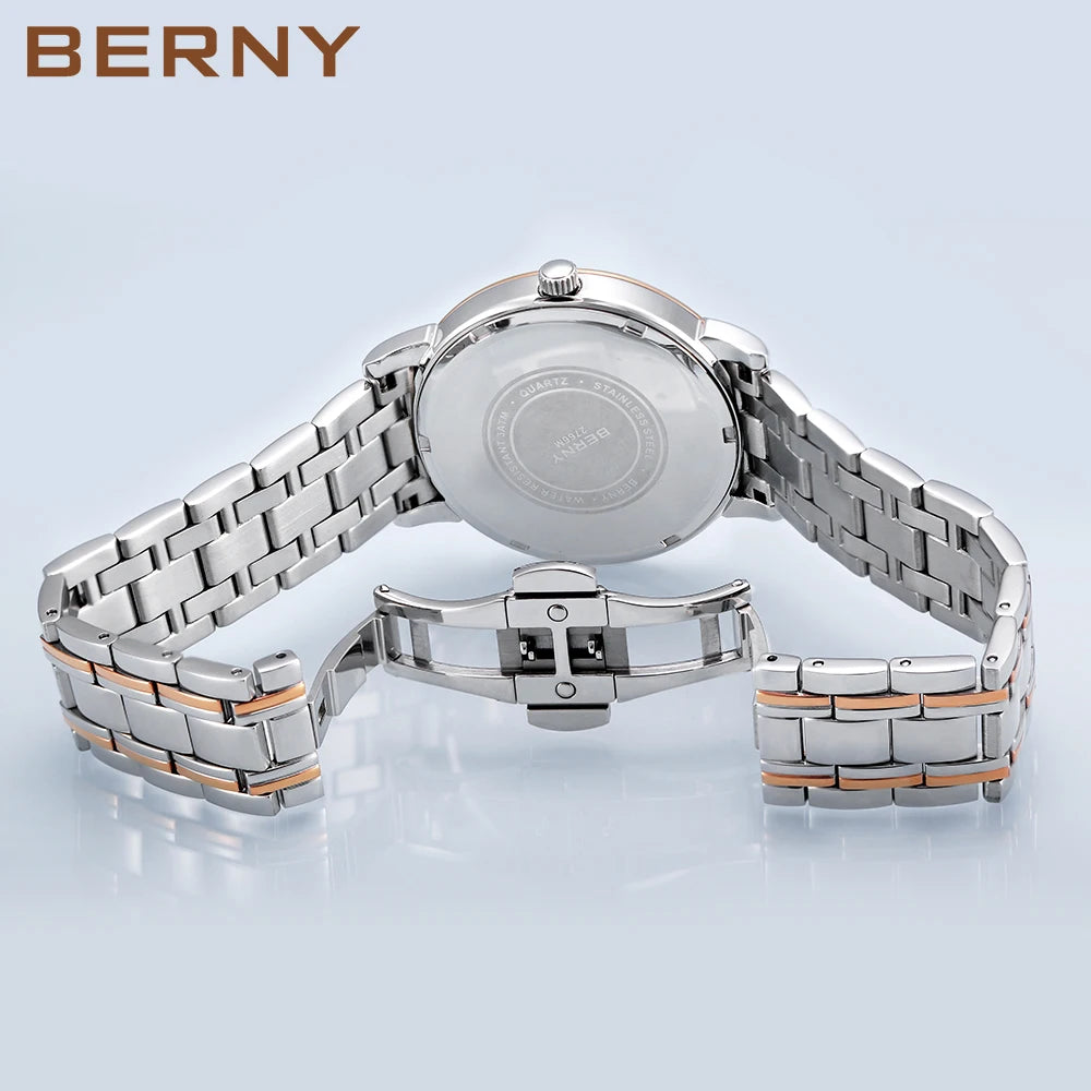 BERNY Men Quartz Dress Watch Miyota VJ55T Day Date Stainless Steel Wristwatch Sapphire Crystal
