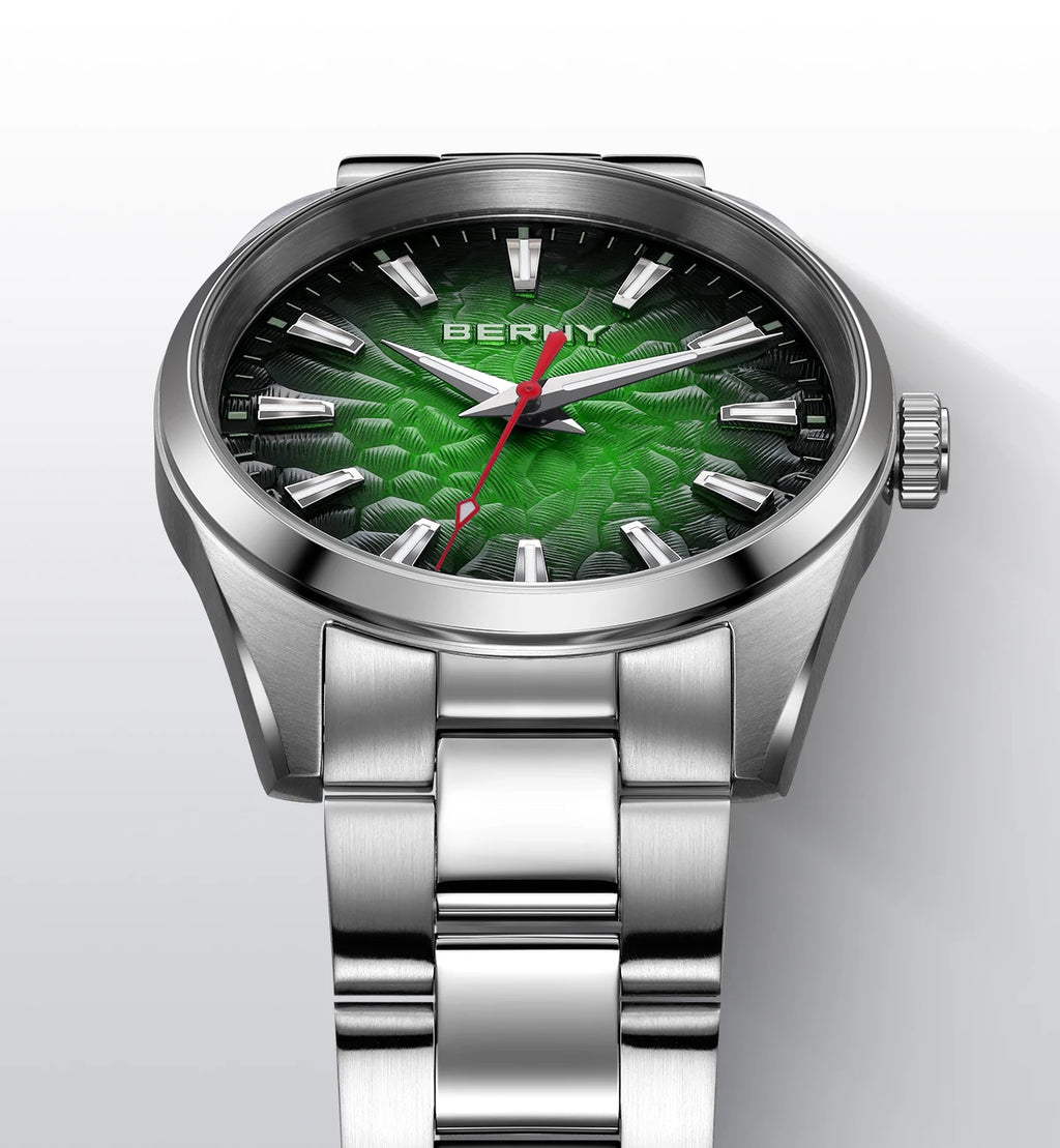 BERNY Men's Textured Dial Luminous Sapphire Crystal Precision Quartz 10ATM Full Stainless Steel Watch