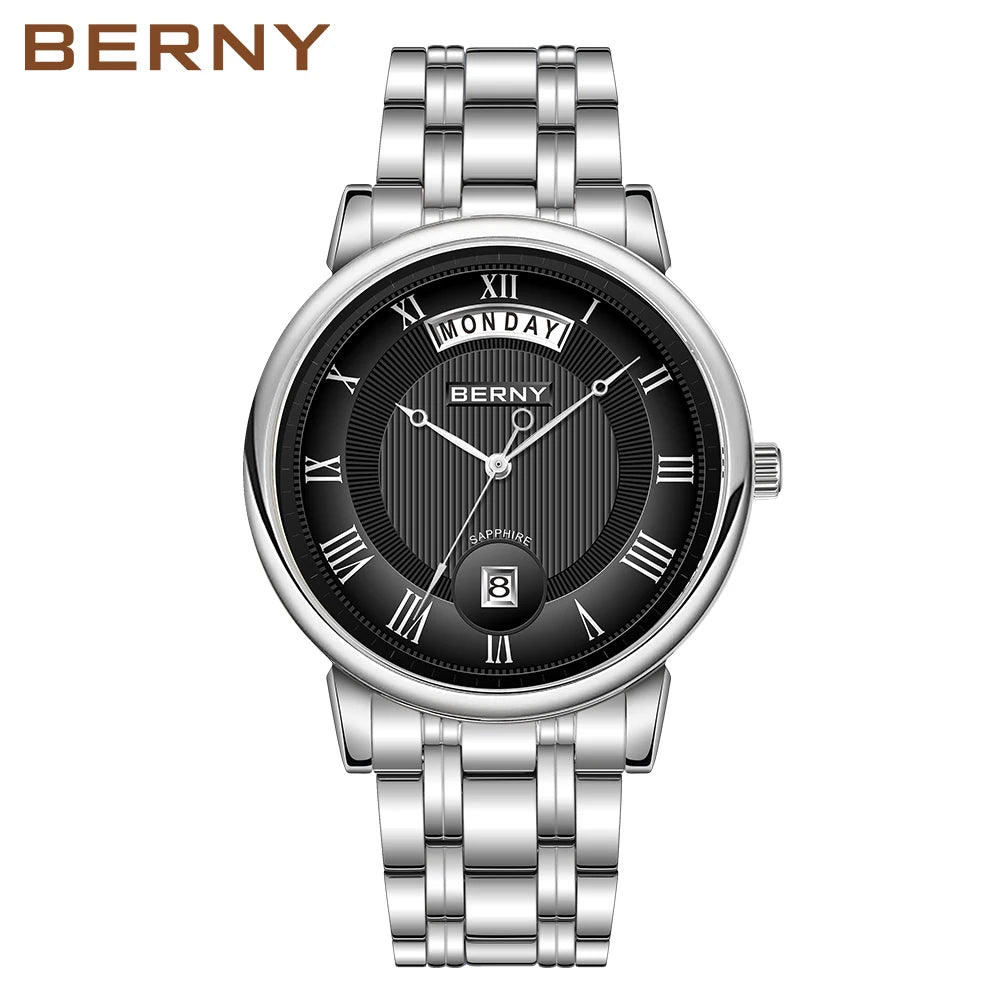 BERNY Men Quartz Dress Watch Miyota VJ55T Day Date Stainless Steel Wristwatch Sapphire Crystal
