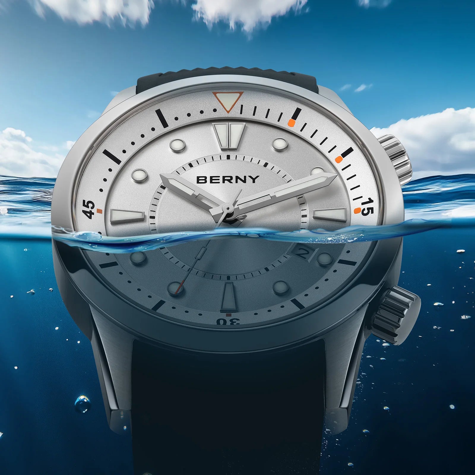 BERNY Automatic Diver Watch - Miyota 8215 200M Sapphire Crystal AR Coated Silicone Strap Internal Rotating Bezel