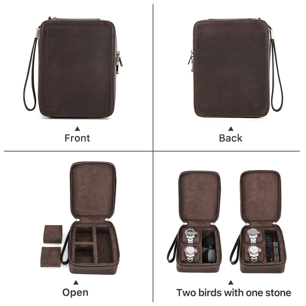 Genuine Leather Watch Travel Case - Watch and Sunglasses Storage Box with Soft Lining