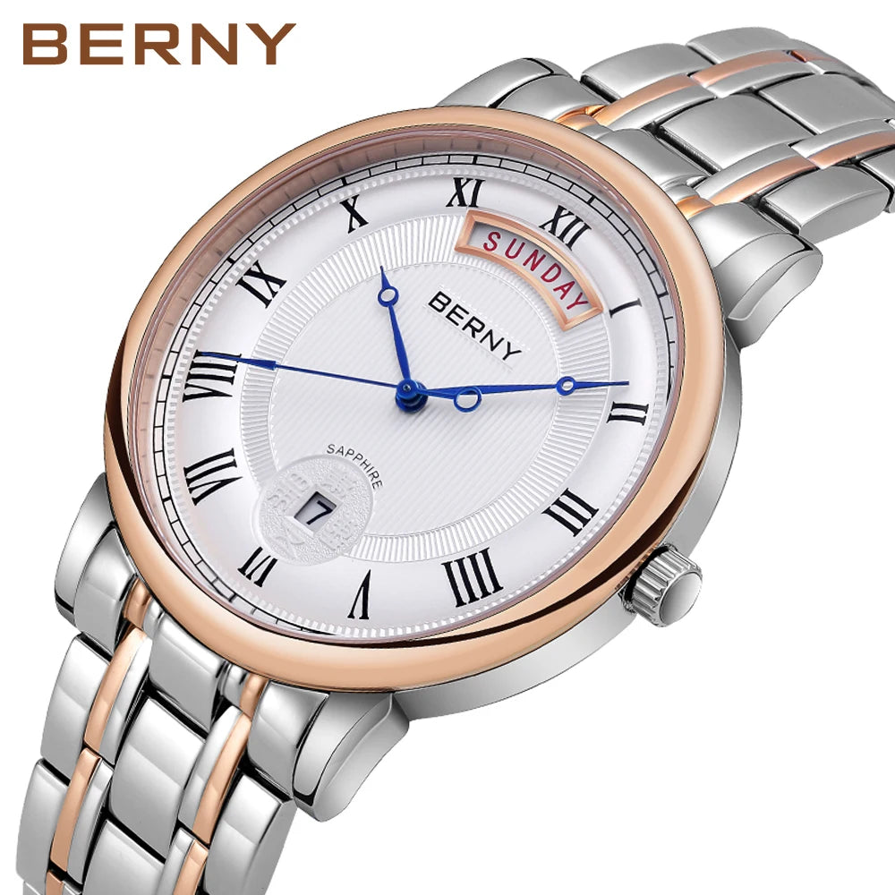 BERNY Men Quartz Dress Watch Miyota VJ55T Day Date Stainless Steel Wristwatch Sapphire Crystal
