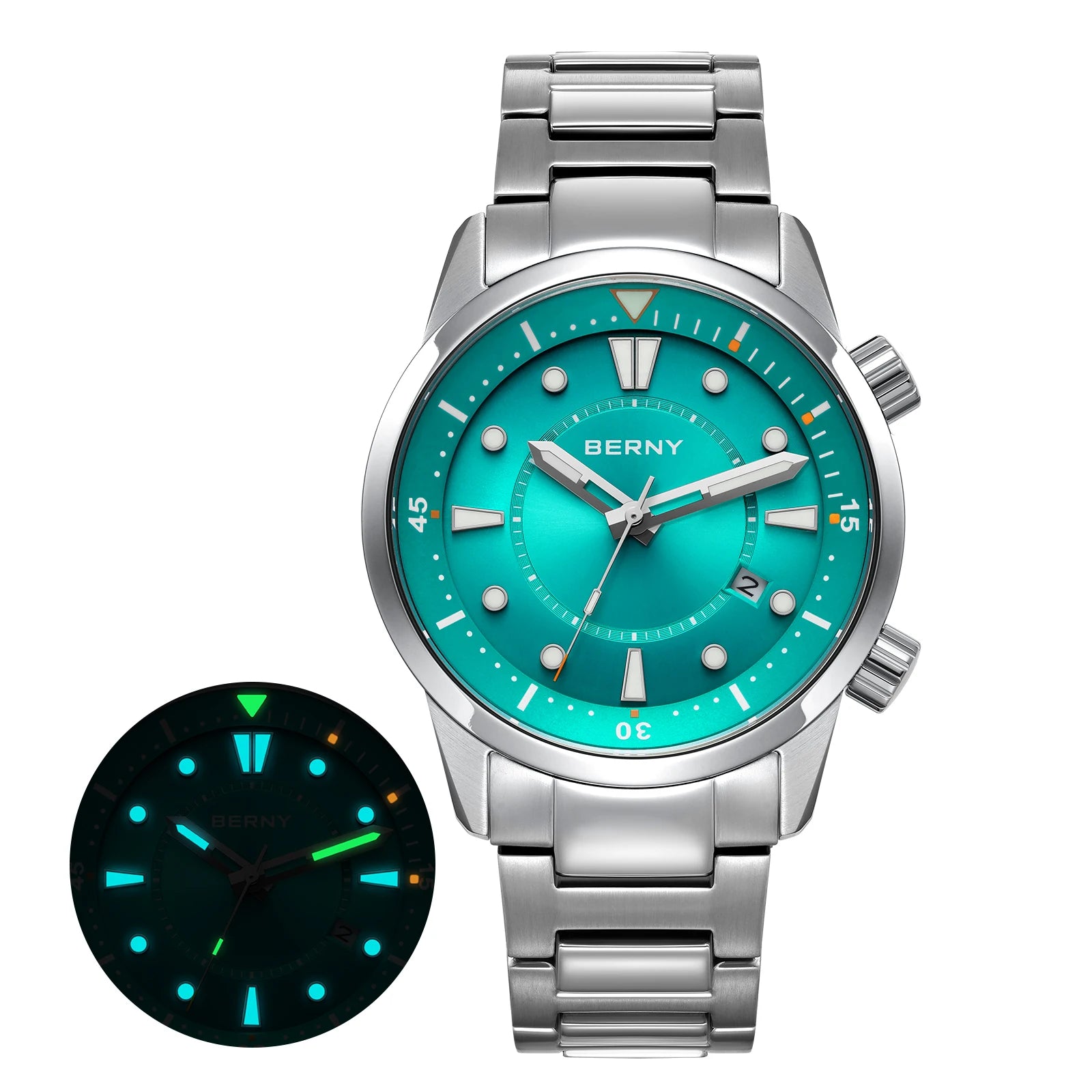 BERNY Automatic Diver Watch - Miyota 8215 200M Sapphire Crystal AR Coated Silicone Strap Internal Rotating Bezel