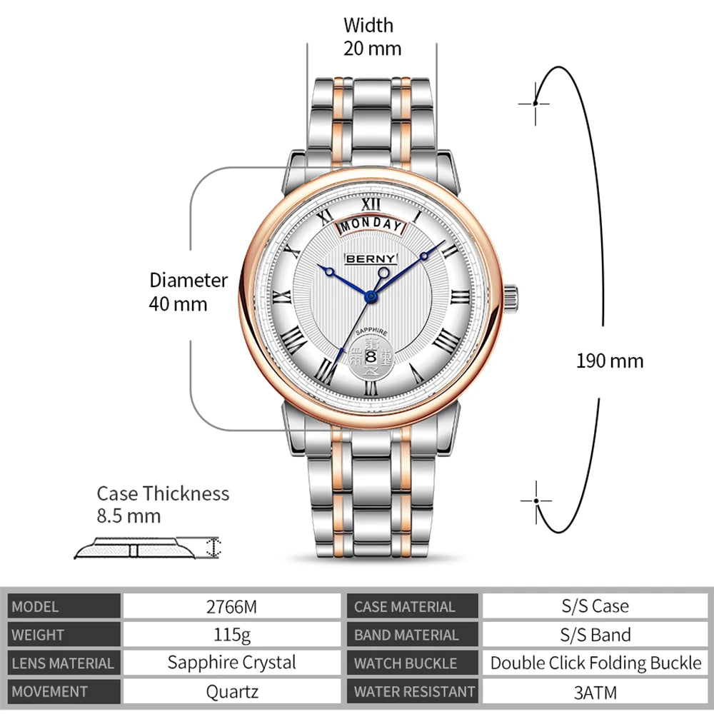 BERNY Men Quartz Dress Watch Miyota VJ55T Day Date Stainless Steel Wristwatch Sapphire Crystal