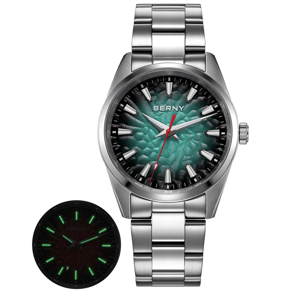 BERNY Men's Textured Dial Luminous Sapphire Crystal Precision Quartz 10ATM Full Stainless Steel Watch