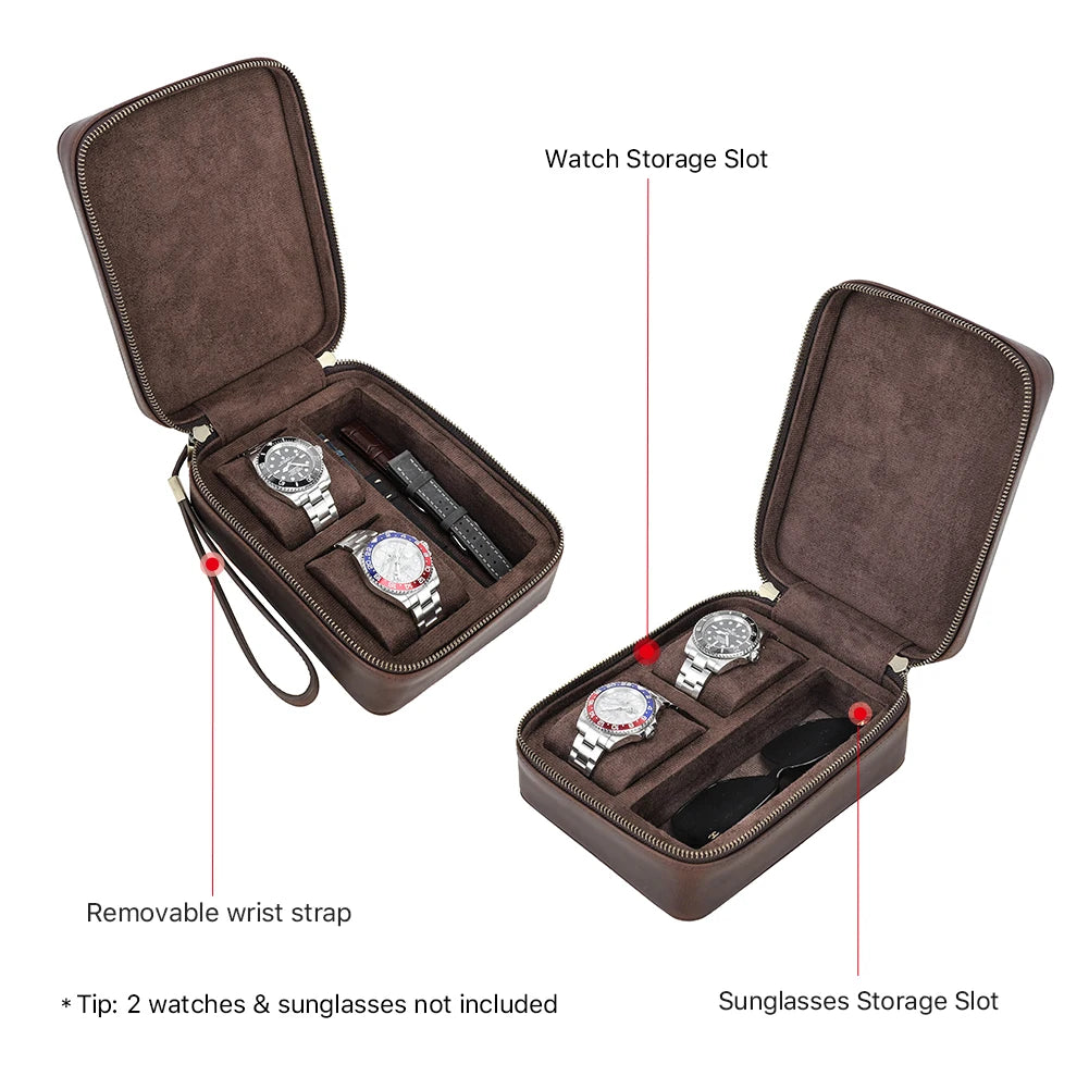Genuine Leather Watch Travel Case - Watch and Sunglasses Storage Box with Soft Lining