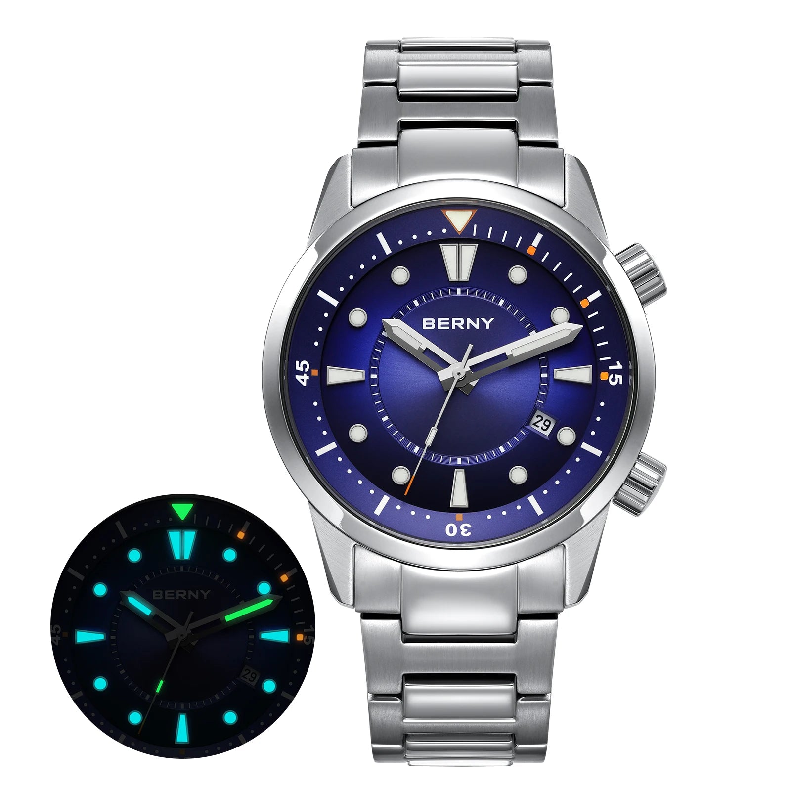 BERNY Automatic Diver Watch - Miyota 8215 200M Sapphire Crystal AR Coated Silicone Strap Internal Rotating Bezel