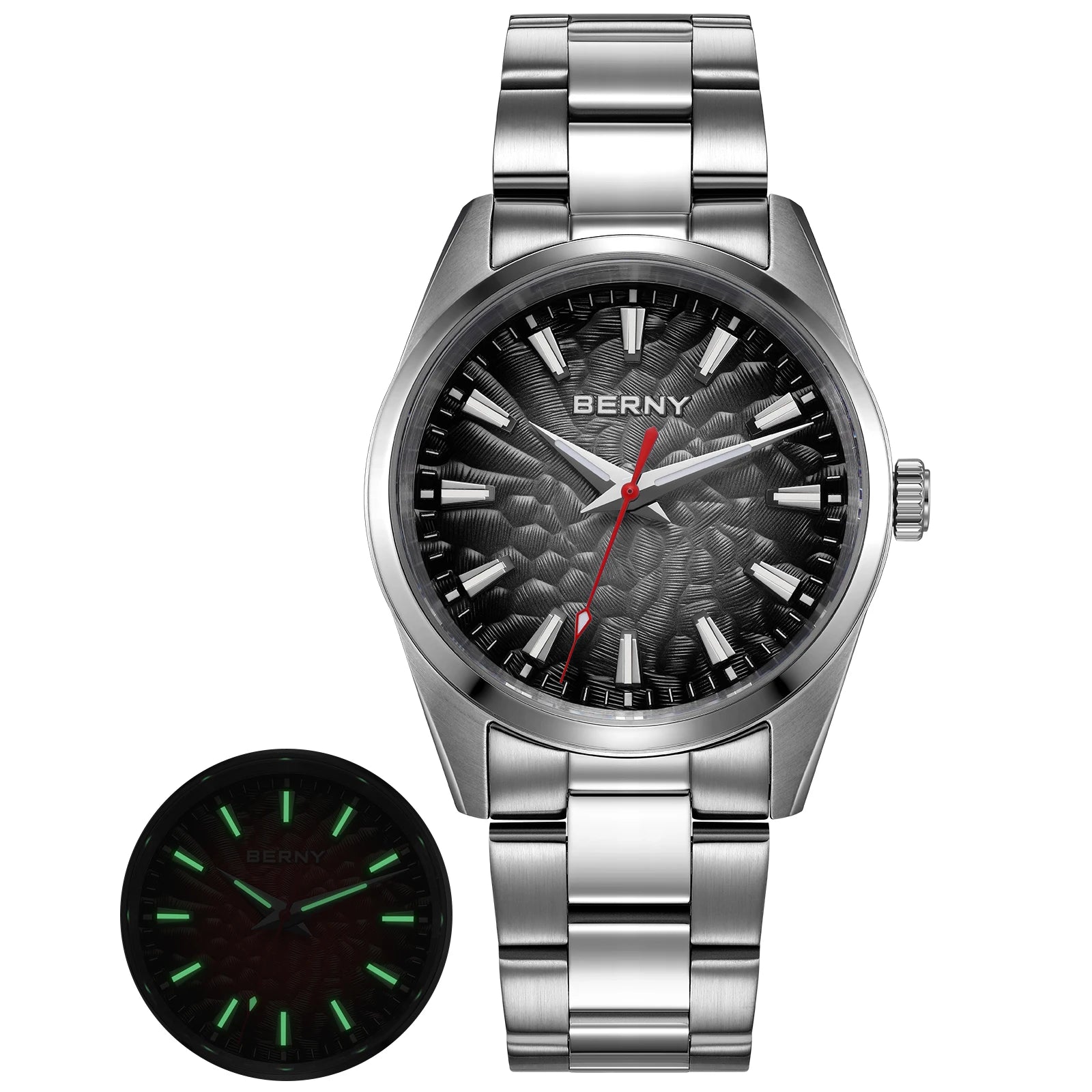 BERNY Men's Textured Dial Luminous Sapphire Crystal Precision Quartz 10ATM Full Stainless Steel Watch