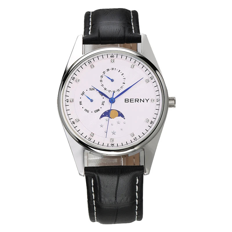 BERNY Men's and Women's Quartz Watch Moon Phase Day Date Calendar Dress Watch MIYOTA 6P20