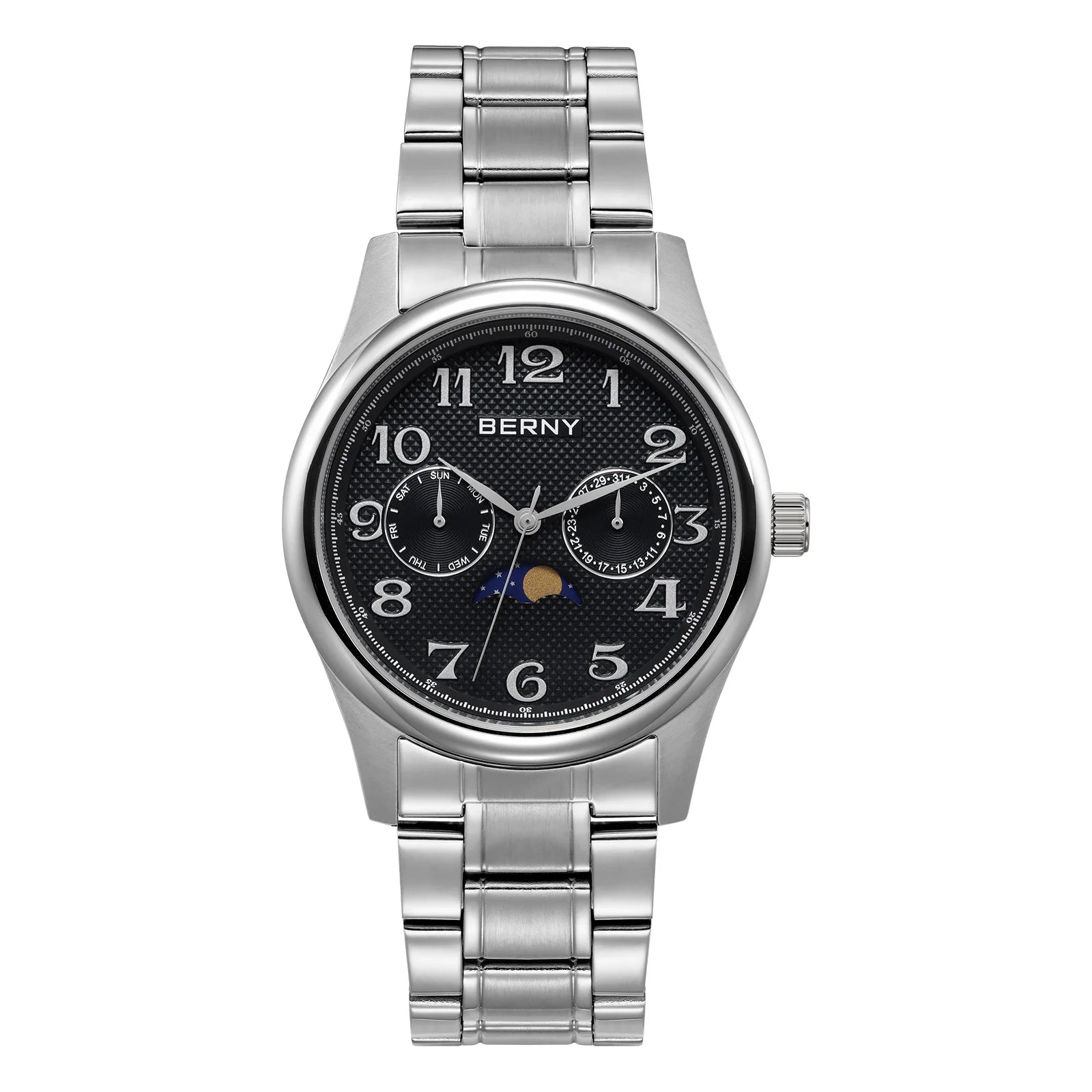 BERNY Men's Moon Phase Quartz Day Date Calendar Easy Read Vintage Style