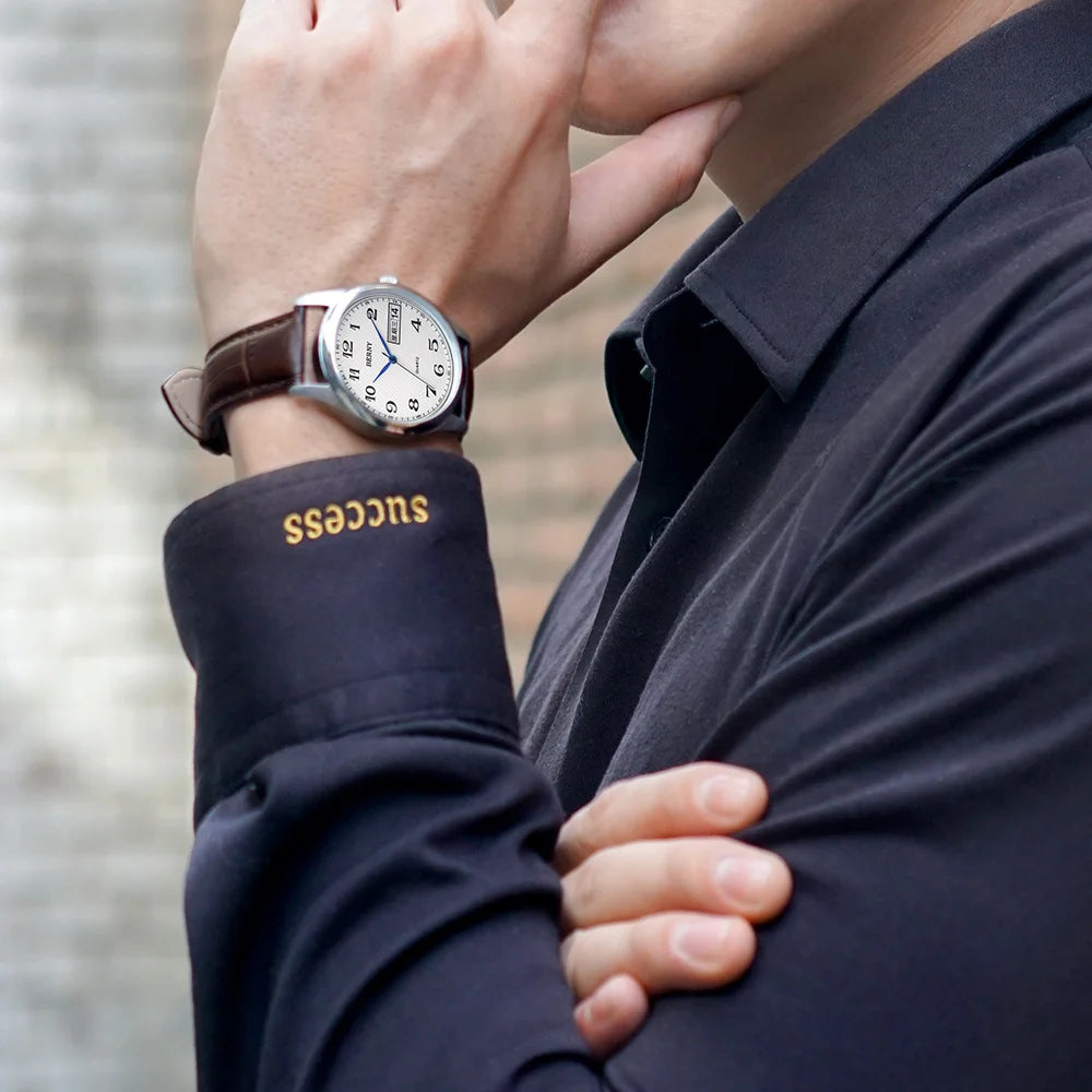 BERNY Men's Quartz Day Date Calendar Wristwatch Waterproof Blued Steel Hands Arabic Numerals